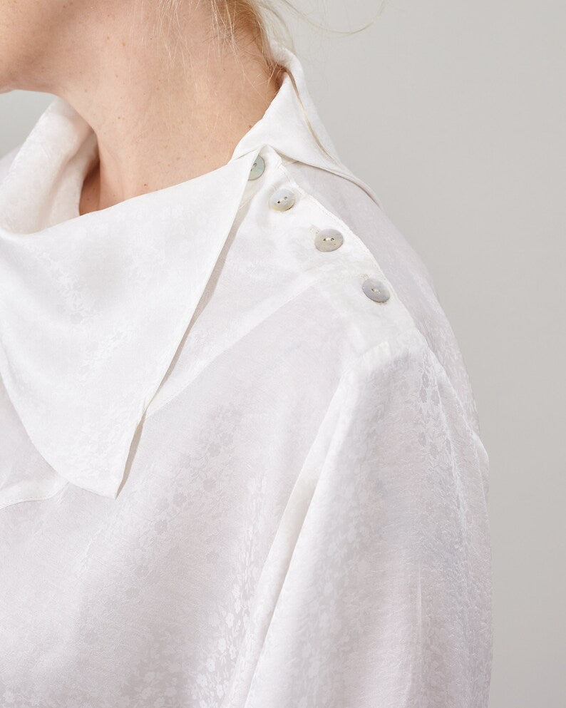 Handmade Silk Blouse for Women | Elegant White Shirt with Bishop Sleeve and Drape High Collar | Retro Design Top for Formal Occasions
