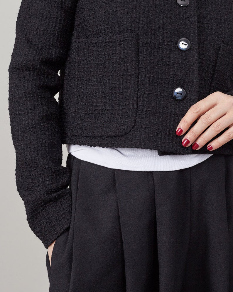 Handmade Women's Wool Blazer, Classic Cropped Black Tweed Tailored Jacket, High End Ladies' Office Outerwear, Executive Wear in More Colors