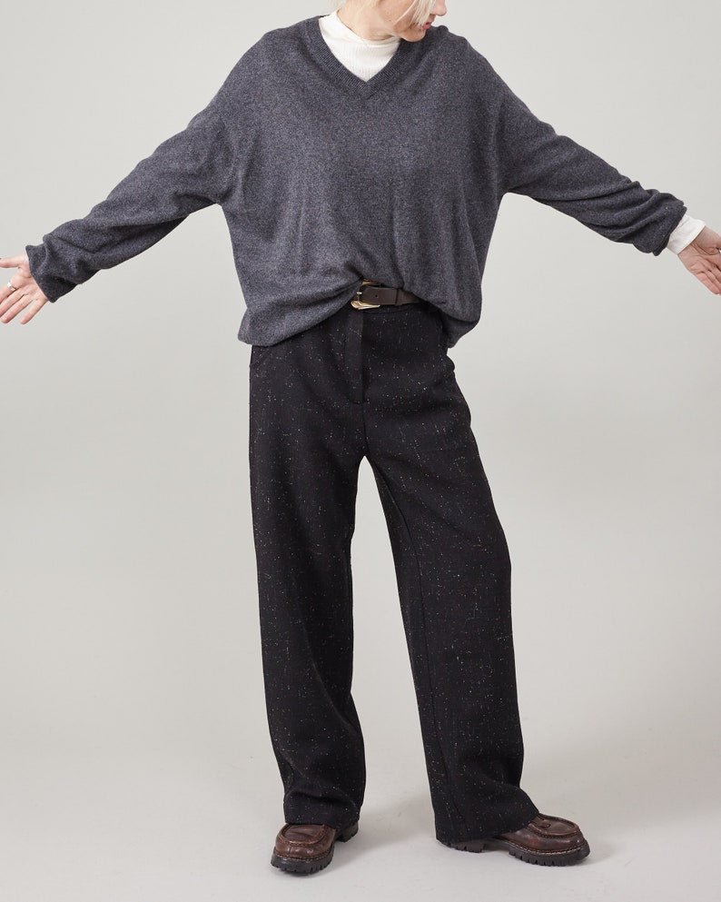 Handmade Thick 100% Wool Pants for Women, Mid Waist, Straight Cut, Loose Fit Warm Winter Trousers, Fully Lined. In Black, Khaki, Grey, Navy