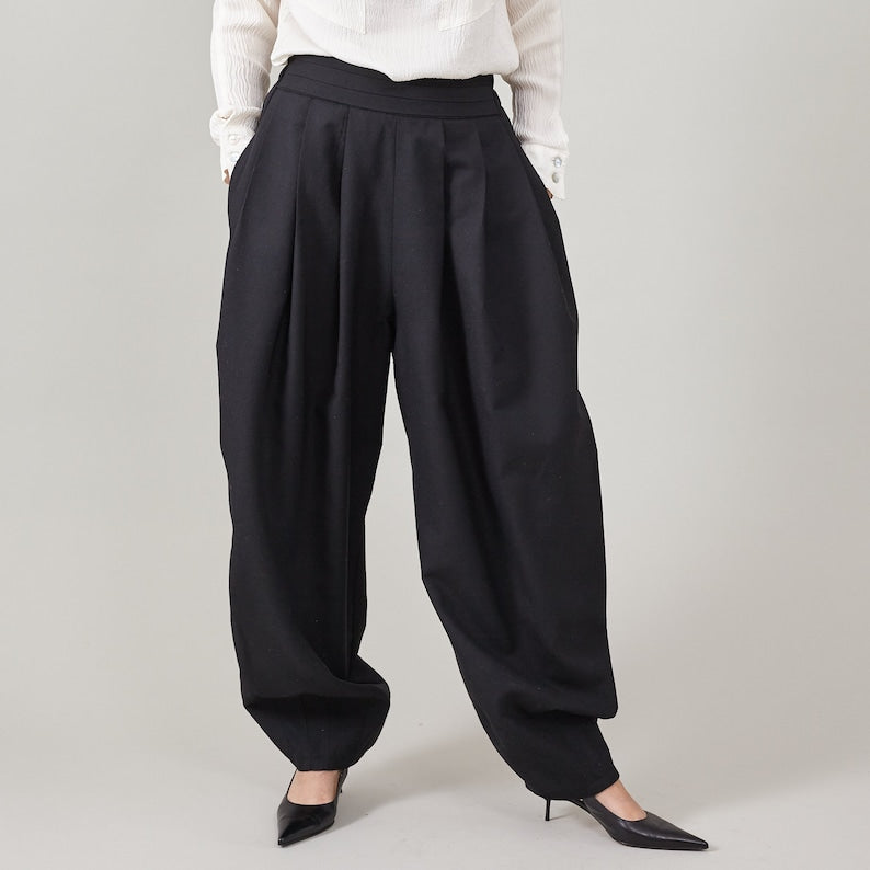 Elegant Genie Pants in Black 100% Wool, Pleated High Waist, Balloon Leg Tailored Trousers for Spring - Fall