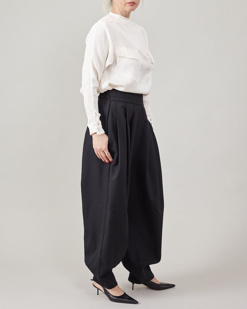 Elegant Genie Pants in Black 100% Wool, Pleated High Waist, Balloon Leg Tailored Trousers for Spring - Fall