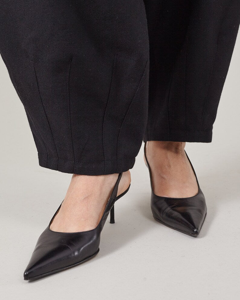 Elegant Genie Pants in Black 100% Wool, Pleated High Waist, Balloon Leg Tailored Trousers for Spring - Fall