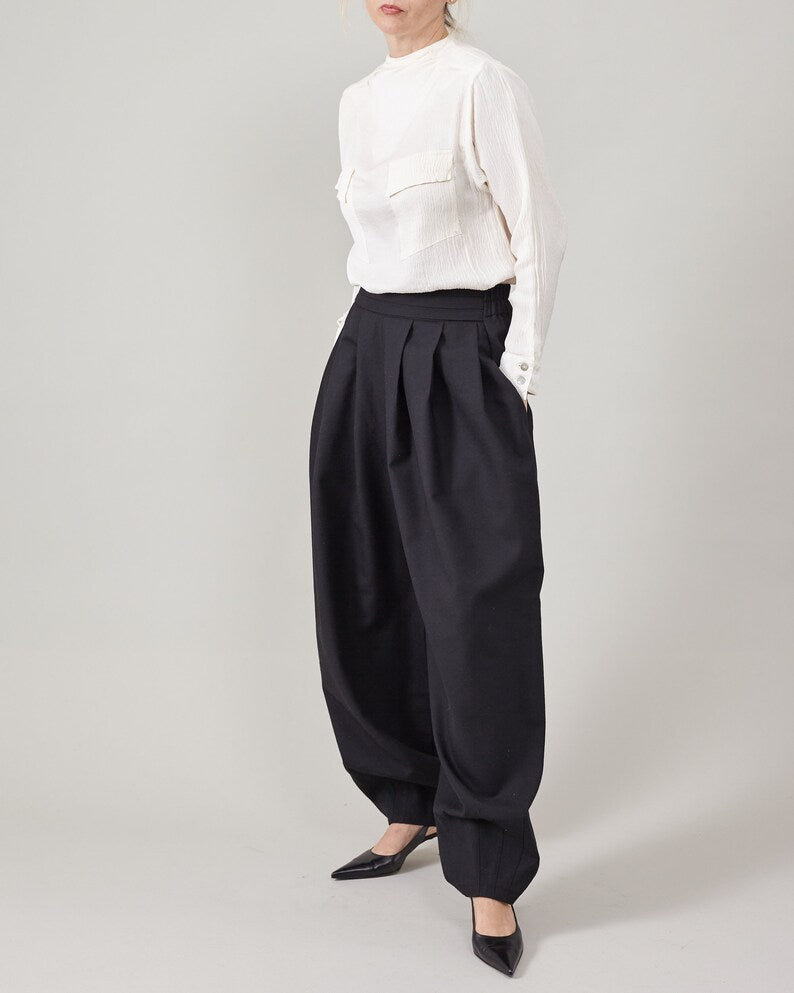 Elegant Genie Pants in Black 100% Wool, Pleated High Waist, Balloon Leg Tailored Trousers for Spring - Fall
