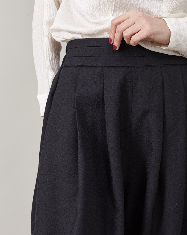 Elegant Genie Pants in Black 100% Wool, Pleated High Waist, Balloon Leg Tailored Trousers for Spring - Fall