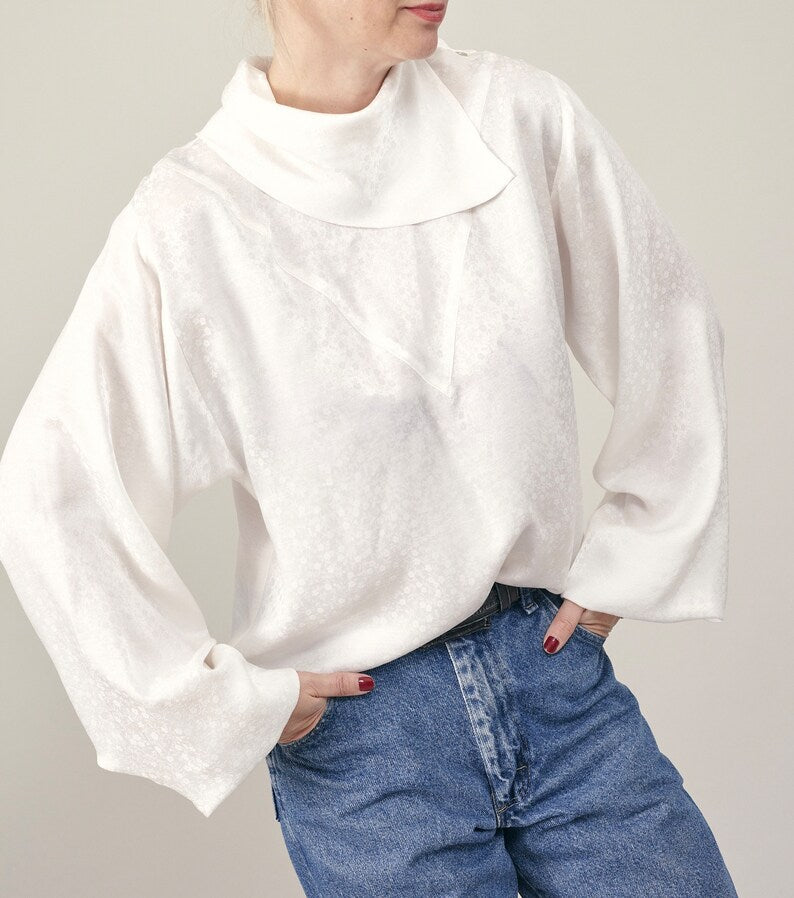 Handmade Silk Blouse for Women | Elegant White Shirt with Bishop Sleeve and Drape High Collar | Retro Design Top for Formal Occasions