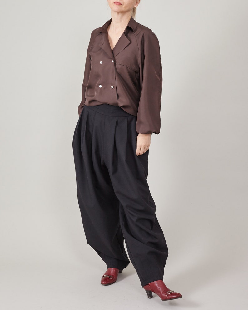 Handmade 100% Silk Shirt for Women, Retro Cape Design, Long Sleeve Brown Blouse, Relaxed, Double Breasted Fit Elegant Button Up Top