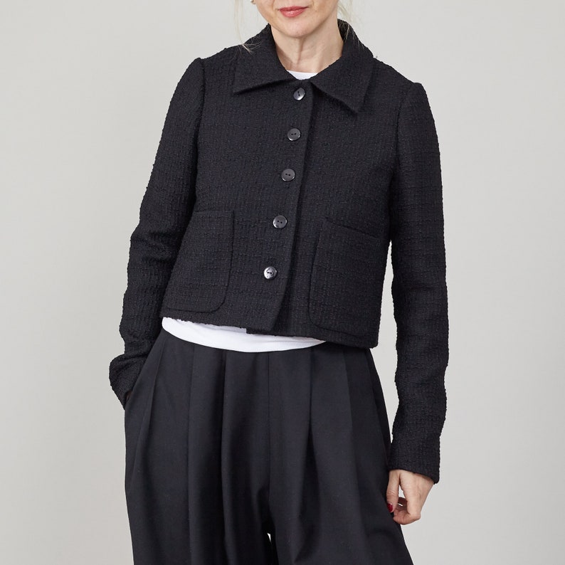 Handmade Women's Wool Blazer, Classic Cropped Black Tweed Tailored Jacket, High End Ladies' Office Outerwear, Executive Wear in More Colors