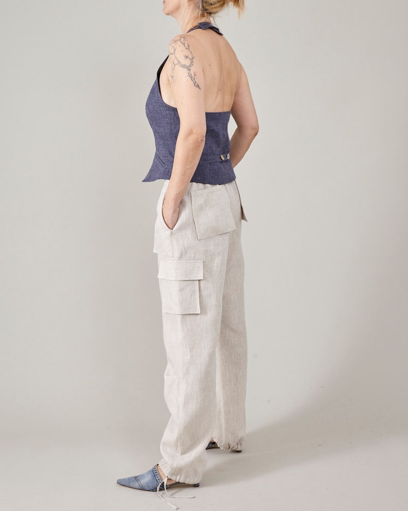 Handmade Linen Cargo Pants for Women - Multi Pocket, Elastic Waist, Adjustable Toggle Hem - Available in Multiple Colors