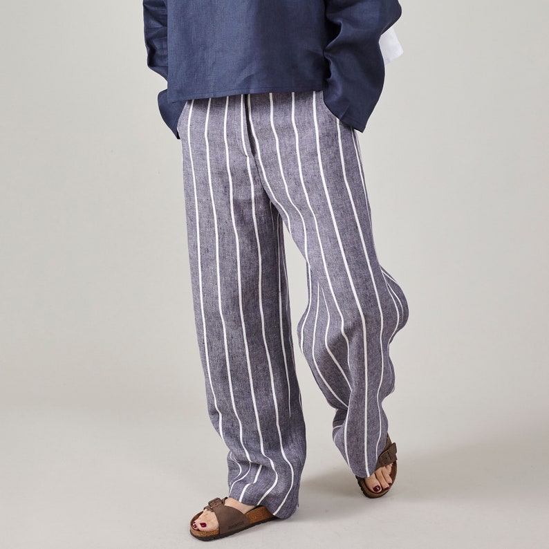Coastal Linen Pants for Women | Solid and Striped Wide Leg Slacks | Relaxed Fit Mid-Waist | Custom Summer Trousers | Resort Capsule Wardrobe