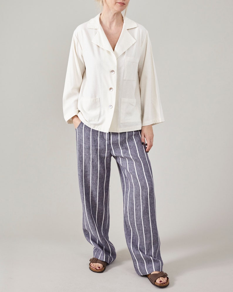 Coastal Linen Pants for Women | Solid and Striped Wide Leg Slacks | Relaxed Fit Mid-Waist | Custom Summer Trousers | Resort Capsule Wardrobe
