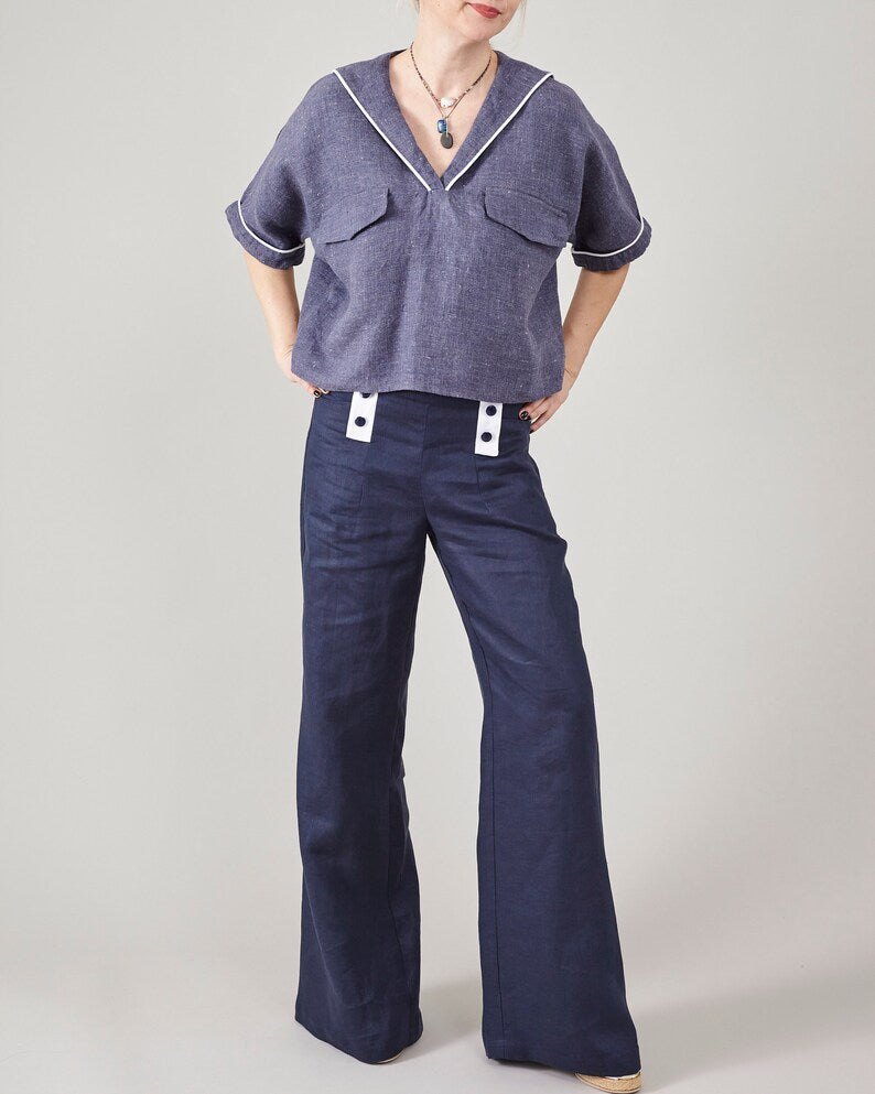Linen Sailor Pants for Women – High Waist Flare Trousers, Coastal Style, Deep Blue Resort Core Fisherman Aesthetic