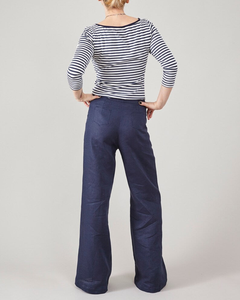 Linen Sailor Pants for Women – High Waist Flare Trousers, Coastal Style, Deep Blue Resort Core Fisherman Aesthetic