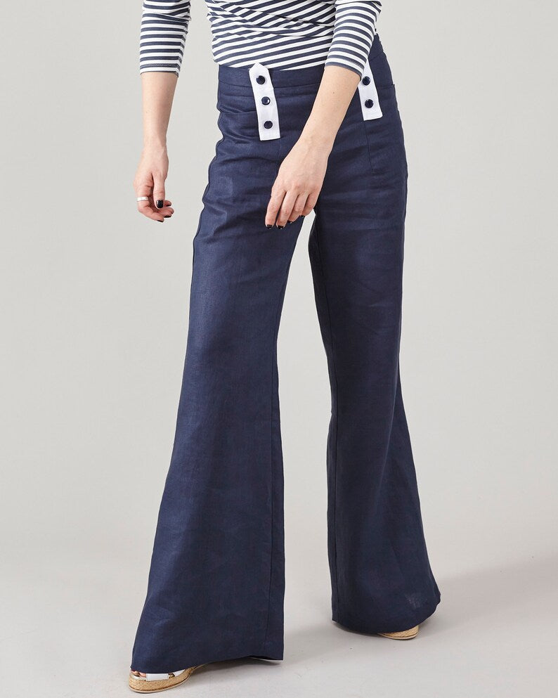 Linen Sailor Pants for Women – High Waist Flare Trousers, Coastal Style, Deep Blue Resort Core Fisherman Aesthetic