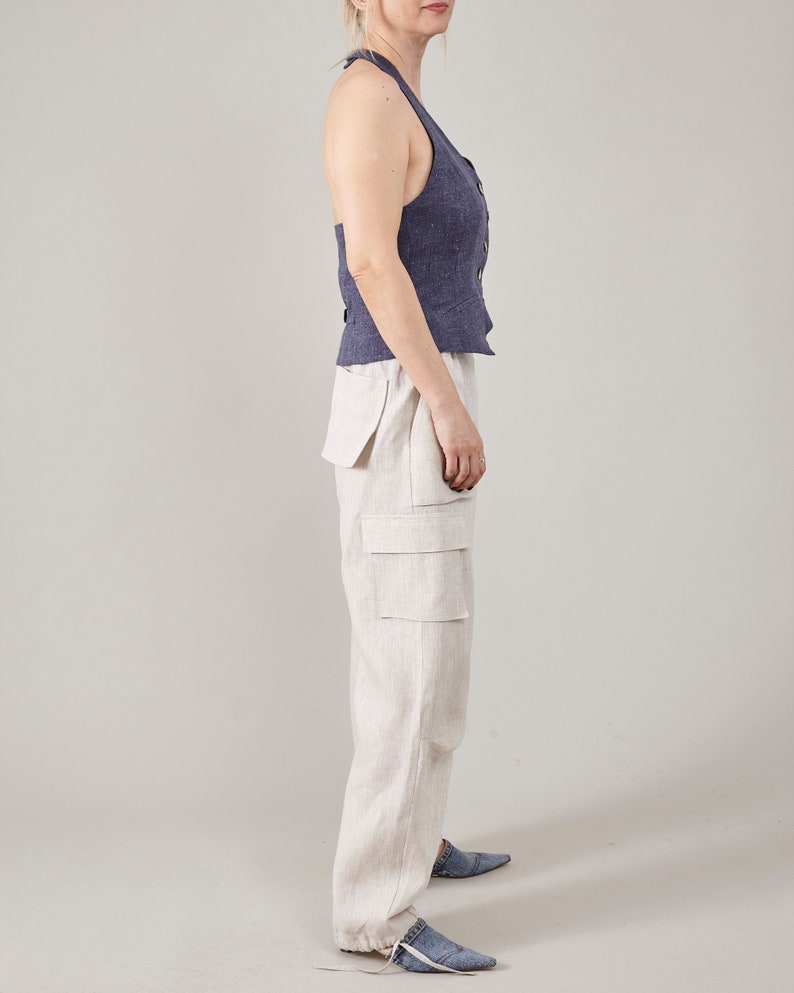 Handmade Linen Tailored Vest for Women, Open Back, Halter Top for Summer, Chic Linen Waistcoat for Festival Outfits