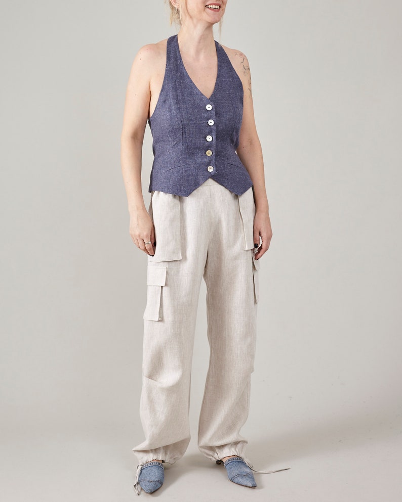 Handmade Linen Tailored Vest for Women, Open Back, Halter Top for Summer, Chic Linen Waistcoat for Festival Outfits