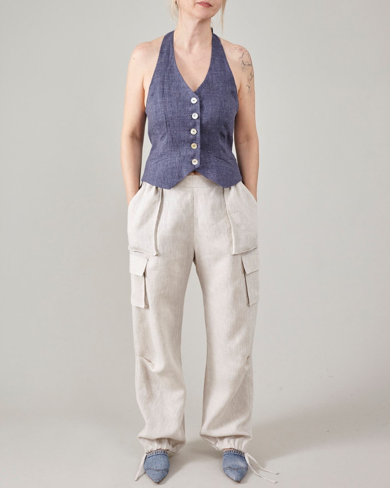Handmade Linen Cargo Pants for Women - Multi Pocket, Elastic Waist, Adjustable Toggle Hem - Available in Multiple Colors