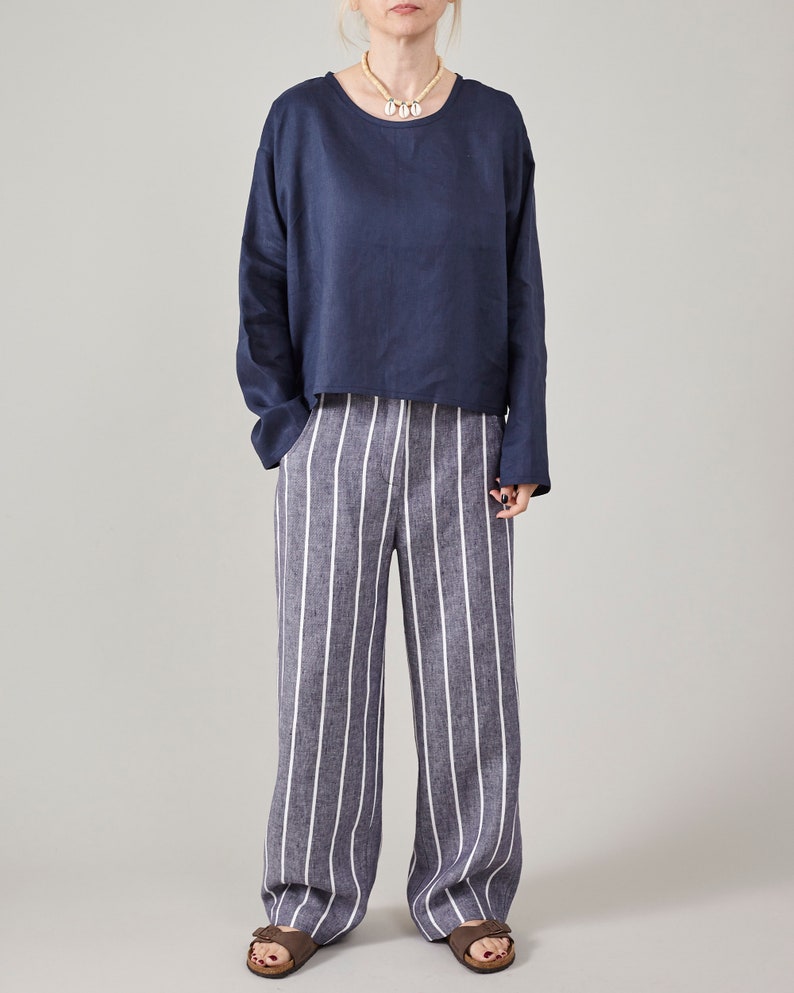 Coastal Linen Pants for Women | Solid and Striped Wide Leg Slacks | Relaxed Fit Mid-Waist | Custom Summer Trousers | Resort Capsule Wardrobe