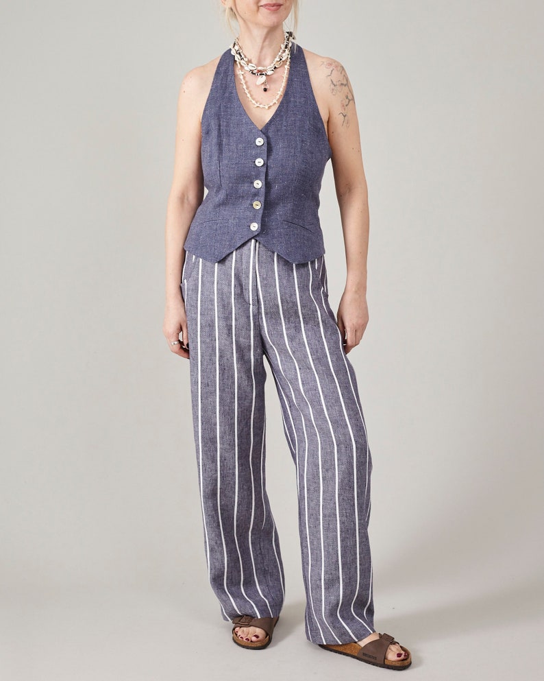 Coastal Linen Pants for Women | Solid and Striped Wide Leg Slacks | Relaxed Fit Mid-Waist | Custom Summer Trousers | Resort Capsule Wardrobe