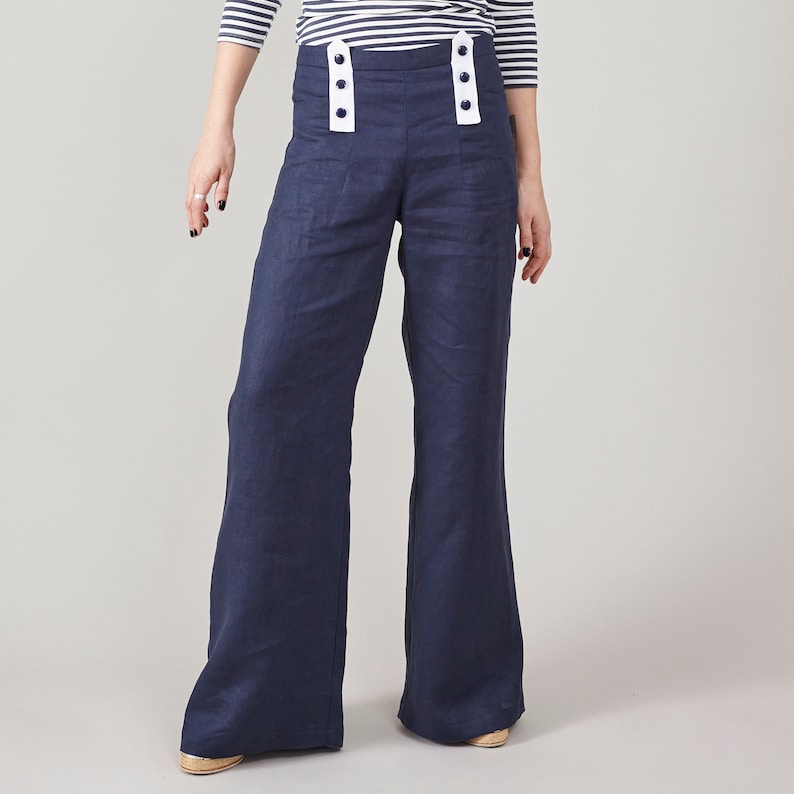Linen Sailor Pants for Women – High Waist Flare Trousers, Coastal Style, Deep Blue Resort Core Fisherman Aesthetic
