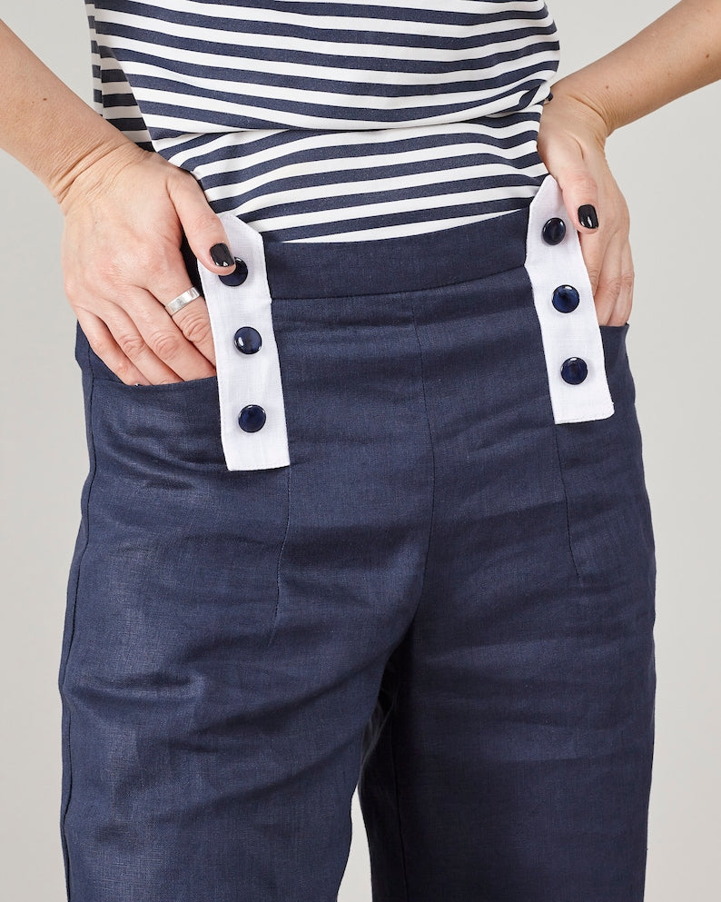Linen Sailor Pants for Women – High Waist Flare Trousers, Coastal Style, Deep Blue Resort Core Fisherman Aesthetic