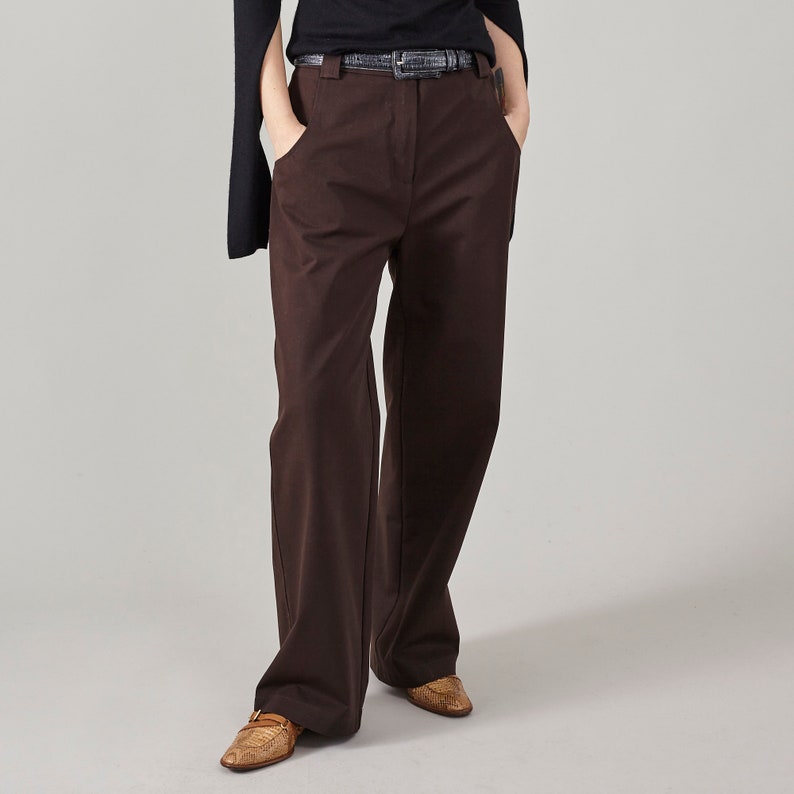 Handmade Brown Pants for Women – Slouchy Straight-Leg Tailored Trousers in Dark Brown Cotton, Minimalist Mannish Style for Spring & Fall