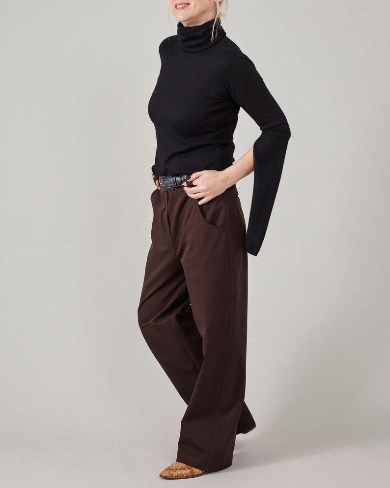 Handmade Brown Pants for Women – Slouchy Straight-Leg Tailored Trousers in Dark Brown Cotton, Minimalist Mannish Style for Spring & Fall