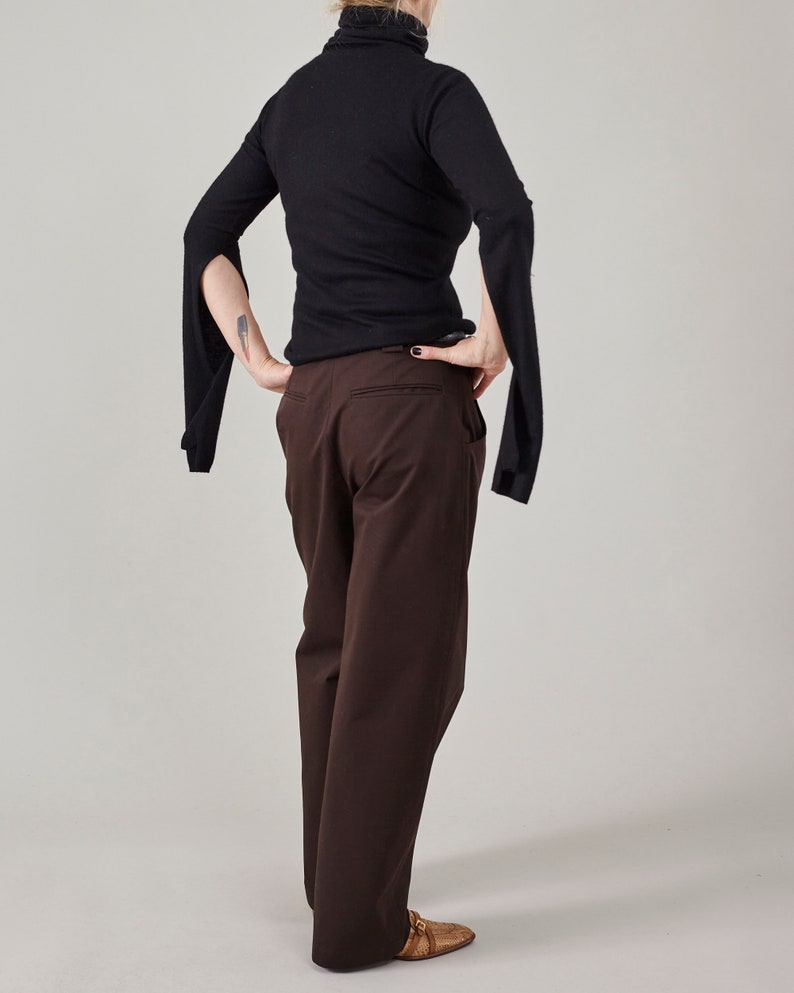 Handmade Brown Pants for Women – Slouchy Straight-Leg Tailored Trousers in Dark Brown Cotton, Minimalist Mannish Style for Spring & Fall