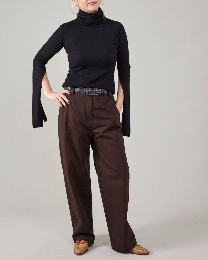 Handmade Brown Pants for Women – Slouchy Straight-Leg Tailored Trousers in Dark Brown Cotton, Minimalist Mannish Style for Spring & Fall