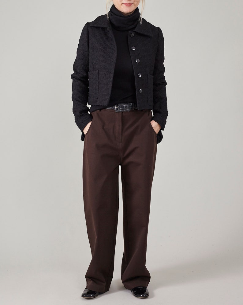 Handmade Brown Pants for Women – Slouchy Straight-Leg Tailored Trousers in Dark Brown Cotton, Minimalist Mannish Style for Spring & Fall