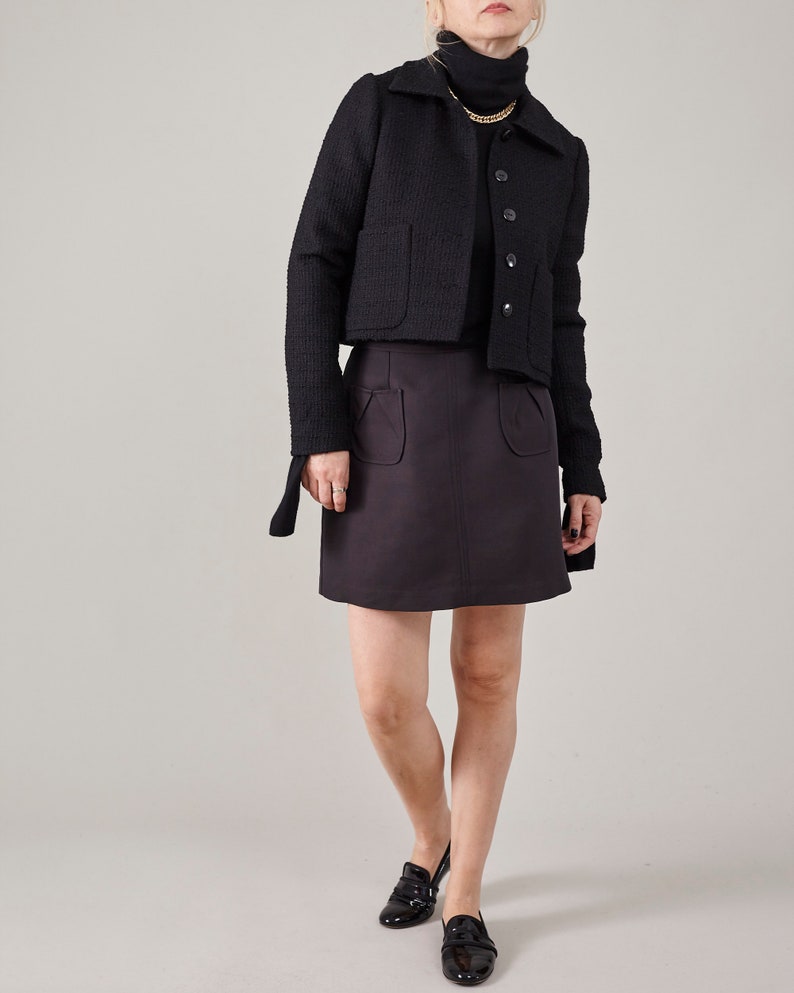 Handmade Wool - Silk Mini Skirt for Women, Chic Preppy Design with Retro Flair in Dark Brown, Navy, White | A Line Cut with Patch Pockets