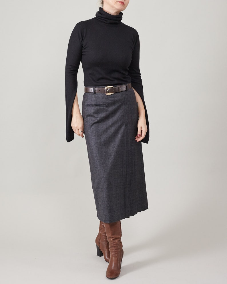 Wool Pleated Skirt for Women | Plaid Brown Wool Skirt below the knees with one welt pocket, belt loops. Fully lined. FTN59_100WOL