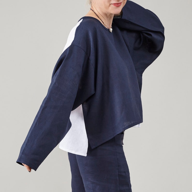 Loose Linen Blouse for Women | One Size Fits All Top with Long Sleeve, Asymmetrical Cut | Chic Gift for Her