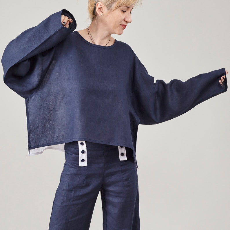Loose Linen Blouse for Women | One Size Fits All Top with Long Sleeve, Asymmetrical Cut | Chic Gift for Her