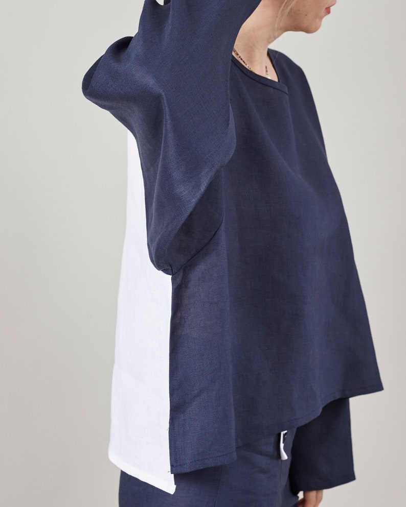 Loose Linen Blouse for Women | One Size Fits All Top with Long Sleeve, Asymmetrical Cut | Chic Gift for Her