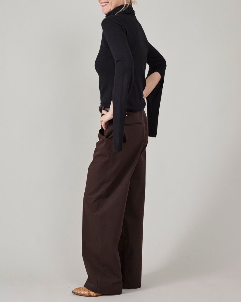 Handmade Brown Pants for Women – Slouchy Straight-Leg Tailored Trousers in Dark Brown Cotton, Minimalist Mannish Style for Spring & Fall