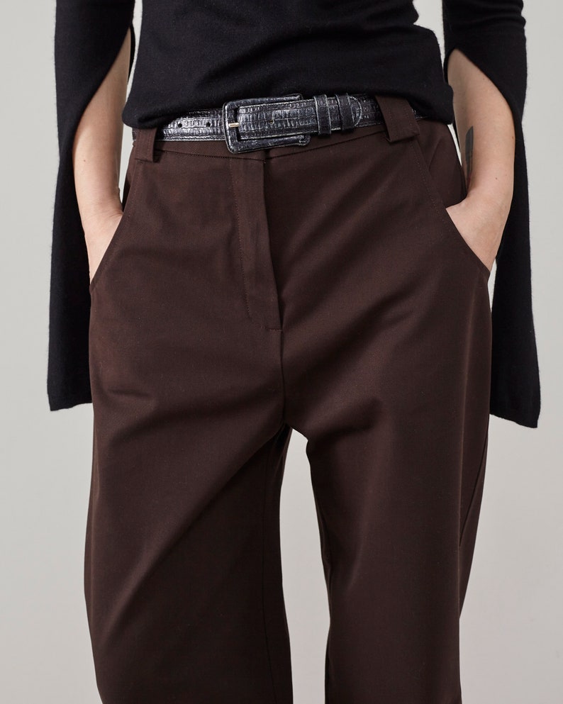 Handmade Brown Pants for Women – Slouchy Straight-Leg Tailored Trousers in Dark Brown Cotton, Minimalist Mannish Style for Spring & Fall