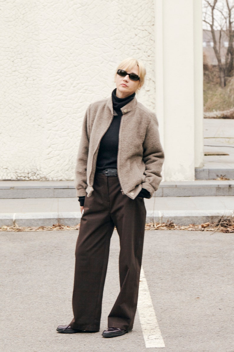 Handmade Brown Pants for Women – Slouchy Straight-Leg Tailored Trousers in Dark Brown Cotton, Minimalist Mannish Style for Spring & Fall