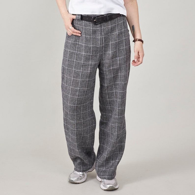 Plaid Wool Pants for Women | Chic Straight-Leg Trousers with Wide Silhouette and Comfortable Mid-Rise Waist