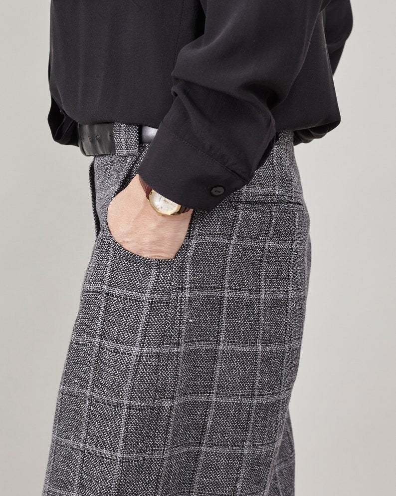 Plaid Wool Pants for Women | Chic Straight-Leg Trousers with Wide Silhouette and Comfortable Mid-Rise Waist
