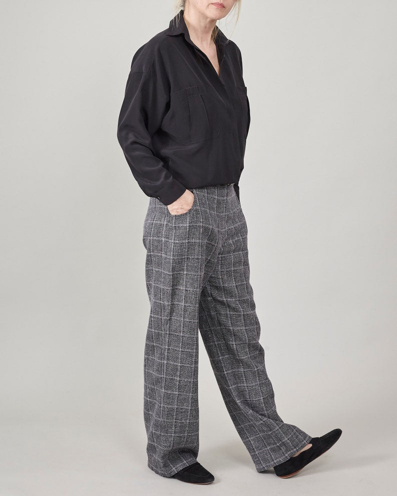 Plaid Wool Pants for Women | Chic Straight-Leg Trousers with Wide Silhouette and Comfortable Mid-Rise Waist