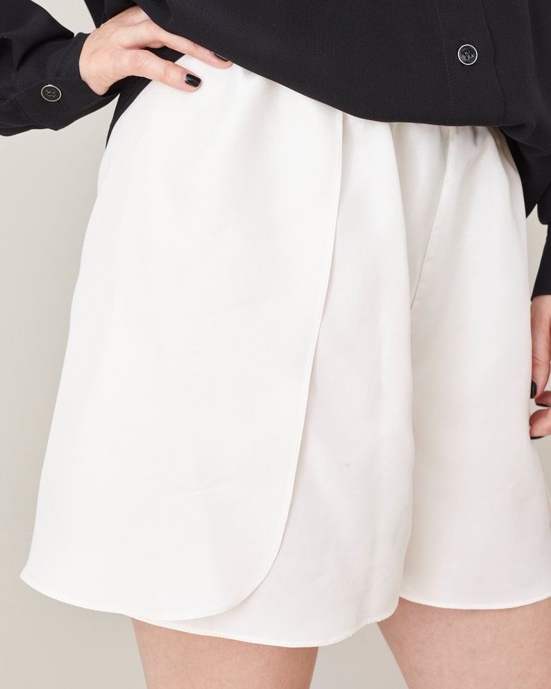 Handmade 100% Silk Shorts for Women, Wrap Boxer Design with Elastic Waist, White, Black Sporty Chic Summer Shorts