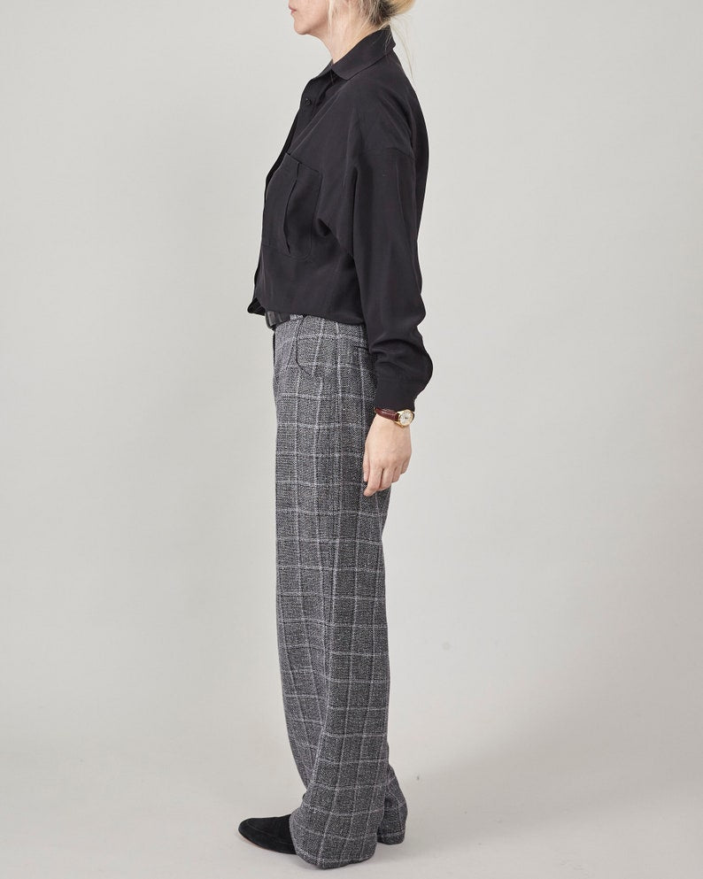 Plaid Wool Pants for Women | Chic Straight-Leg Trousers with Wide Silhouette and Comfortable Mid-Rise Waist