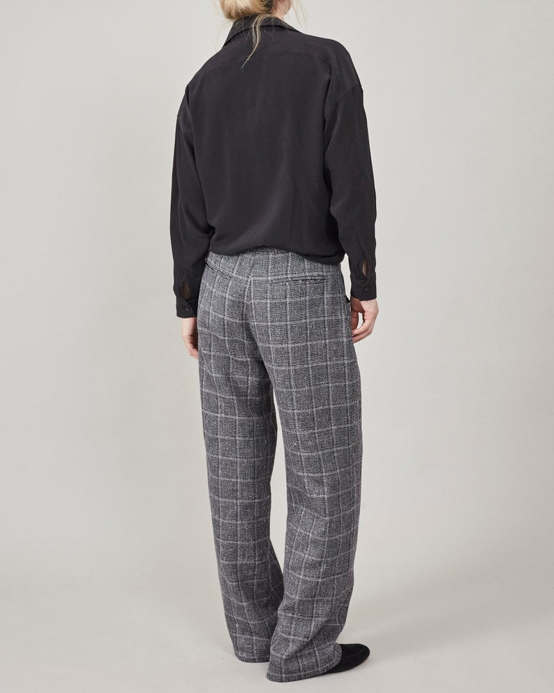 Plaid Wool Pants for Women | Chic Straight-Leg Trousers with Wide Silhouette and Comfortable Mid-Rise Waist