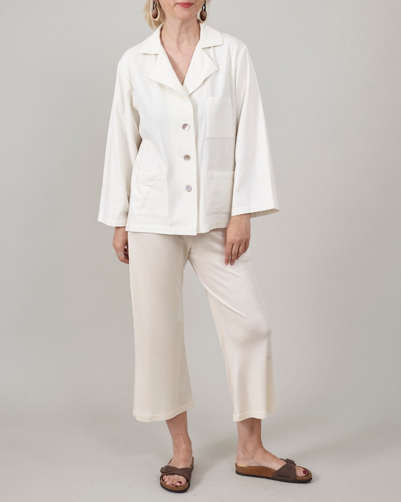 Handmade 100% Silk Capri Pants – Butter White Jersey Silk Flared Cropped Pants with Elastic Waist, Super Chic & Cozy Summer Style