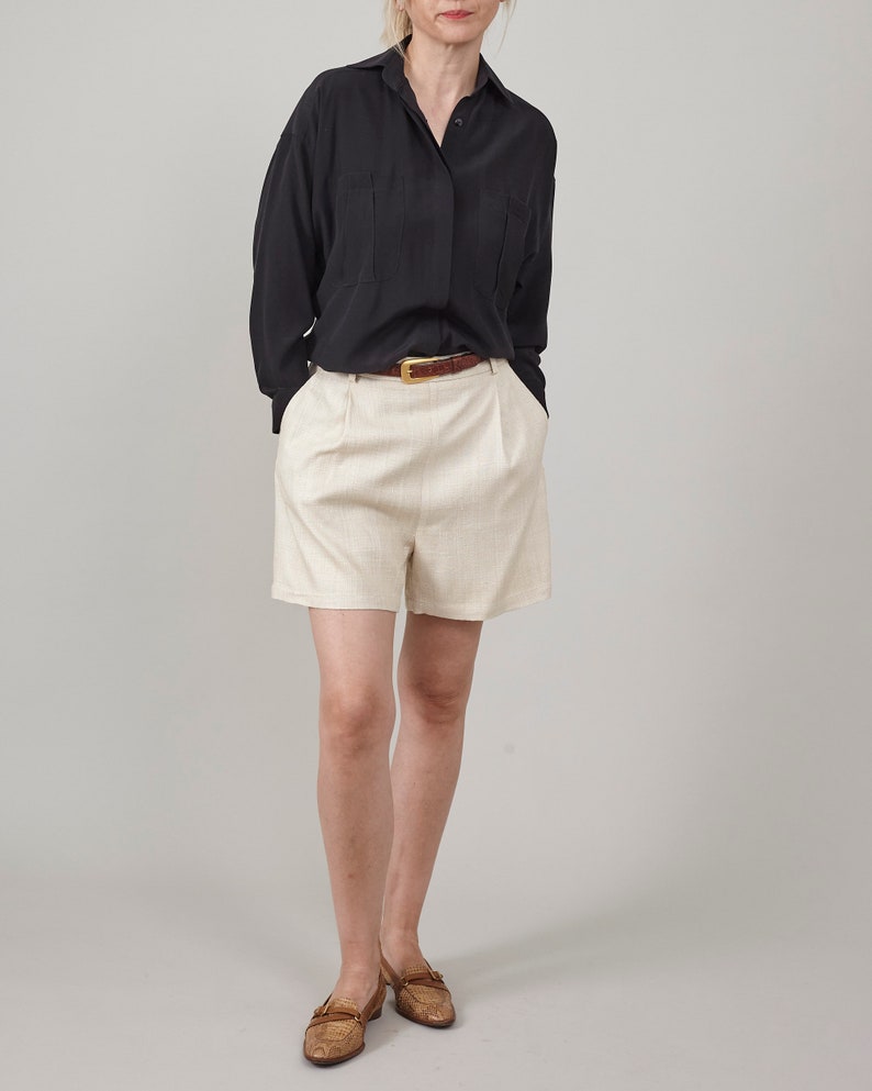 Handmade 100% Silk Women's Shorts: High Rise and Pleats, Butter White Tailored Shorts with Pockets and Side Zipper Closure, Elegant Style