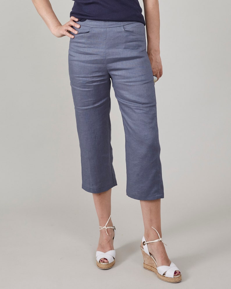 100% Linen Capri Pants for Women – High-Waisted Summer Trousers, Straight-Leg Capris, Elegant Lightweight Workwear, Chic Travel Outfit
