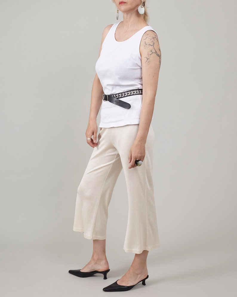 Handmade 100% Silk Capri Pants – Butter White Jersey Silk Flared Cropped Pants with Elastic Waist, Super Chic & Cozy Summer Style