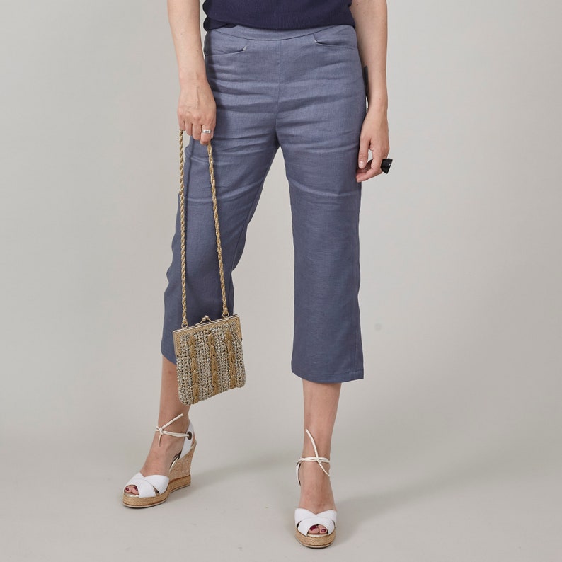 100% Linen Capri Pants for Women – High-Waisted Summer Trousers, Straight-Leg Capris, Elegant Lightweight Workwear, Chic Travel Outfit