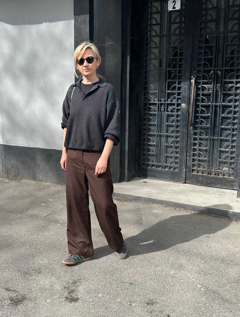 Brown 100% Wool Pants for Women, Mid Rise, Flared Design with Front Pockets and Golden Metallic Detail, 70's Style Chic Effortless Style
