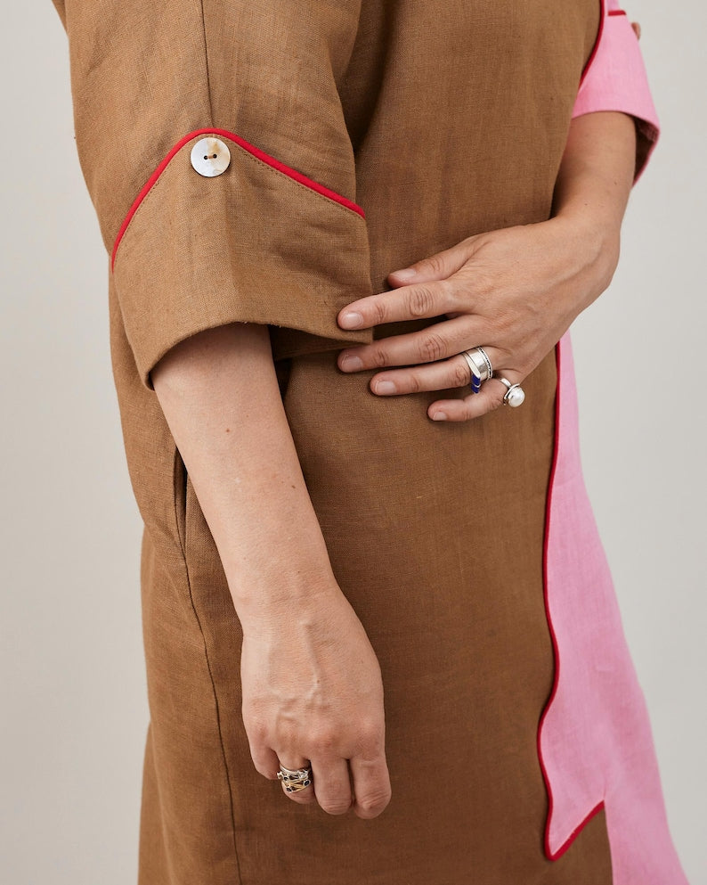 Handmade Linen Dress for Women, Back Button, Two Tone Midi Dress, Relaxed Fit Summer Dress with Pockets, Chic Office Dress
